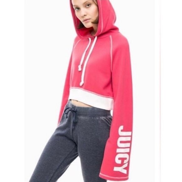 JUICY by Juicy Couture Fleece Cropped Pullover Hoodie SZ M Long Bell Sleeves Cor - Picture 1 of 12